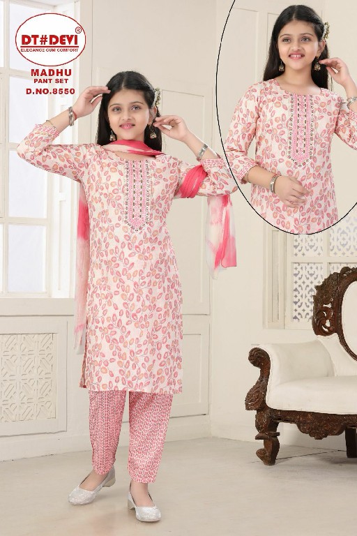 madhu pant set by dt devi 8550 capsule print fancy readymade kids 3pcs combo dress