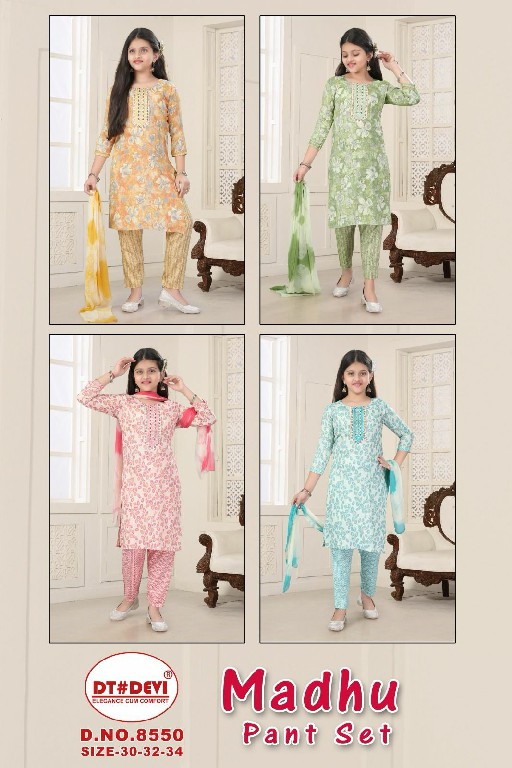 madhu pant set by dt devi 8550 capsule print fancy readymade kids 3pcs combo dress