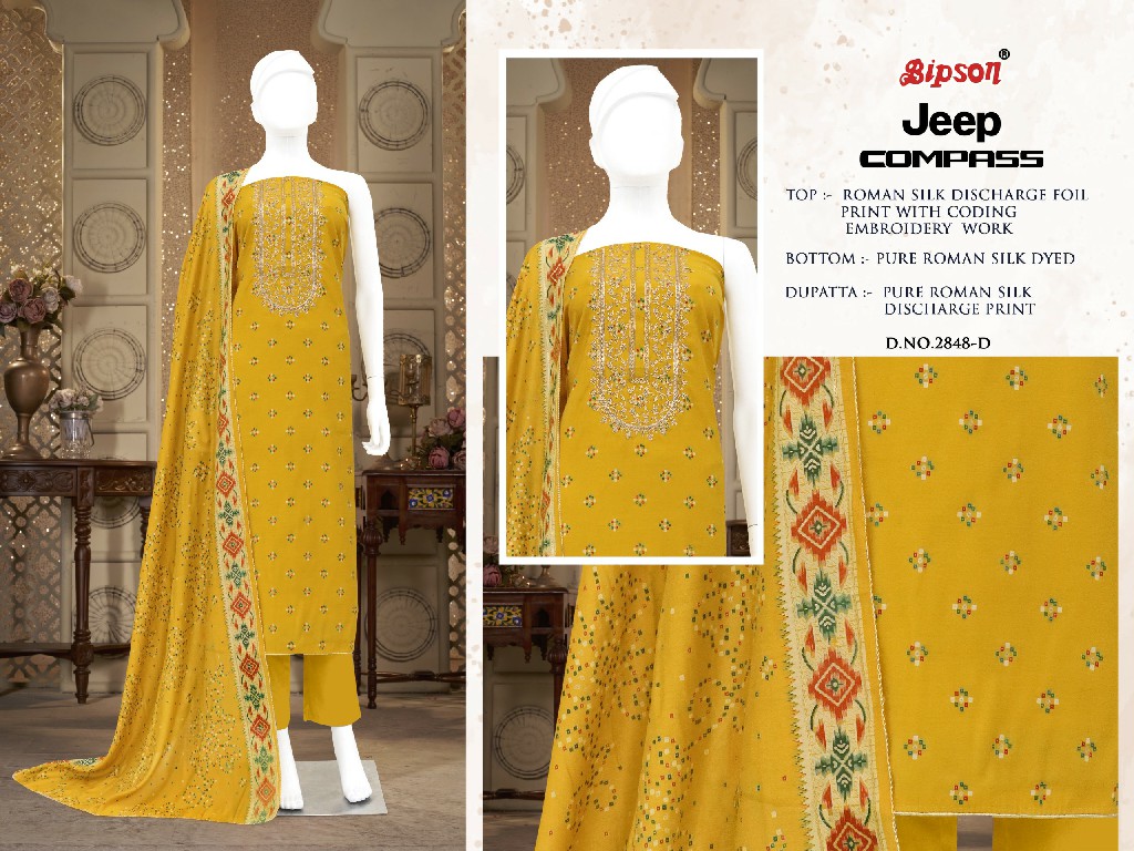 Bipson Jeep Compass 2848 Wholesale Pure Roman Silk With Coading Work Dress Material