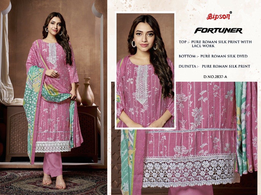 Bipson Fortuner 2837 Wholesale Pure Roman Silk With Embroidery Work Dress Material