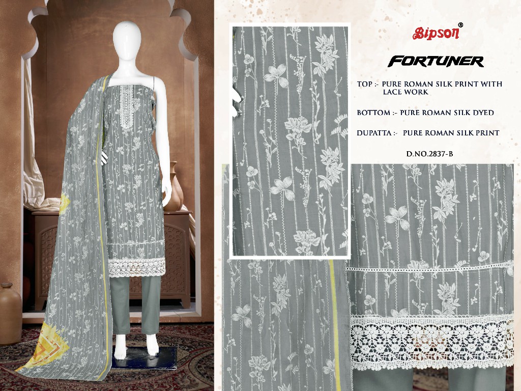 Bipson Fortuner 2837 Wholesale Pure Roman Silk With Embroidery Work Dress Material