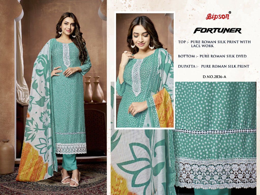 Bipson Fortuner 2836 Wholesale Pure Roman Silk With Embroidery Work Dress Material