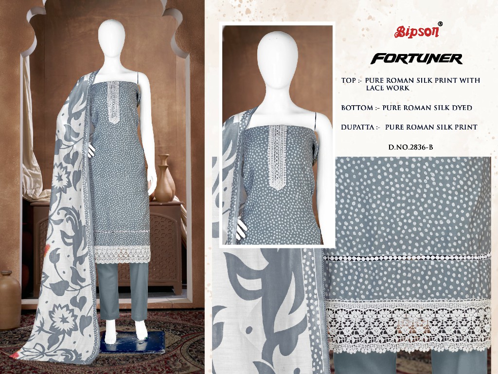 Bipson Fortuner 2836 Wholesale Pure Roman Silk With Embroidery Work Dress Material