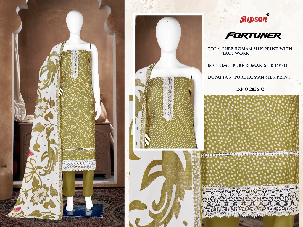 Bipson Fortuner 2836 Wholesale Pure Roman Silk With Embroidery Work Dress Material