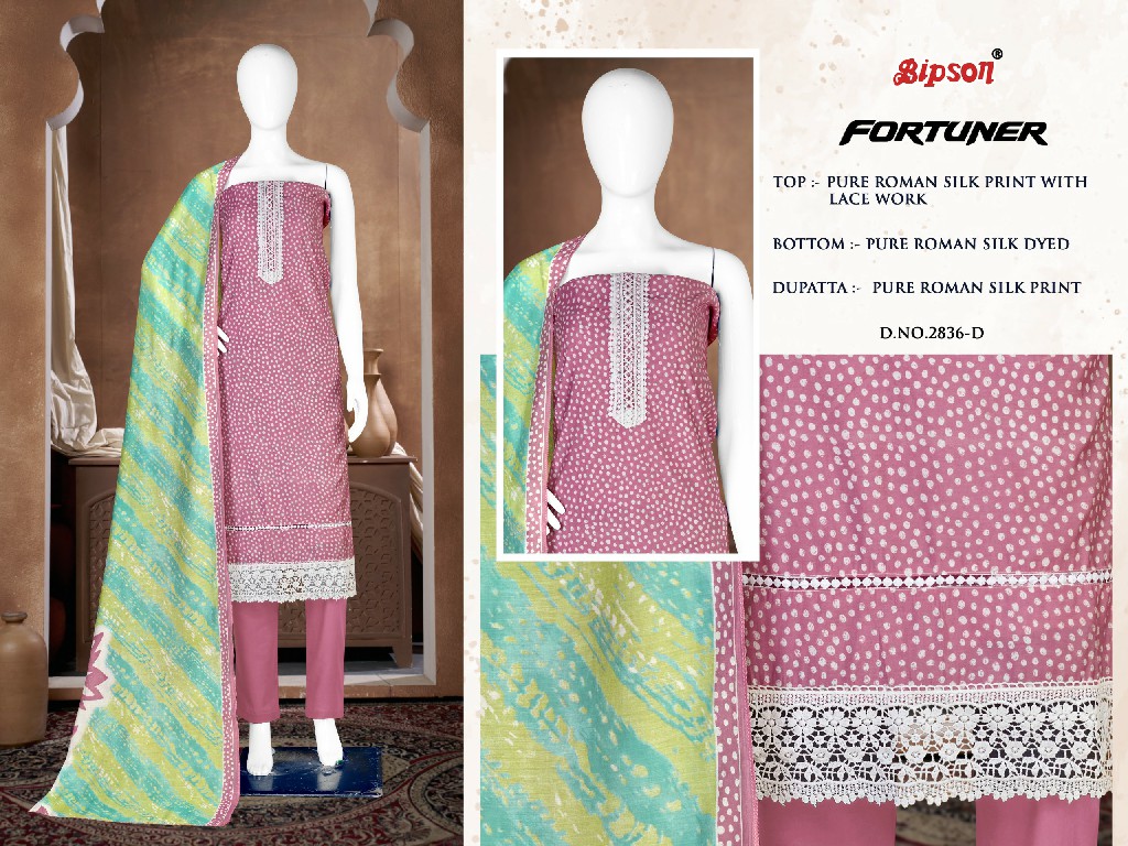 Bipson Fortuner 2836 Wholesale Pure Roman Silk With Embroidery Work Dress Material