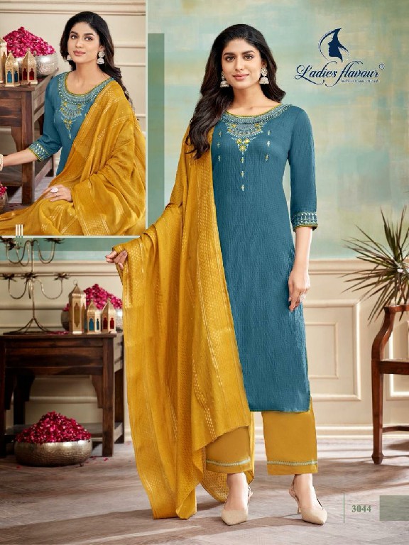 Ladies Flavours Blue Stone Wholesale Viscose Dobby With Embroidery Tops With Pant And Dupatta
