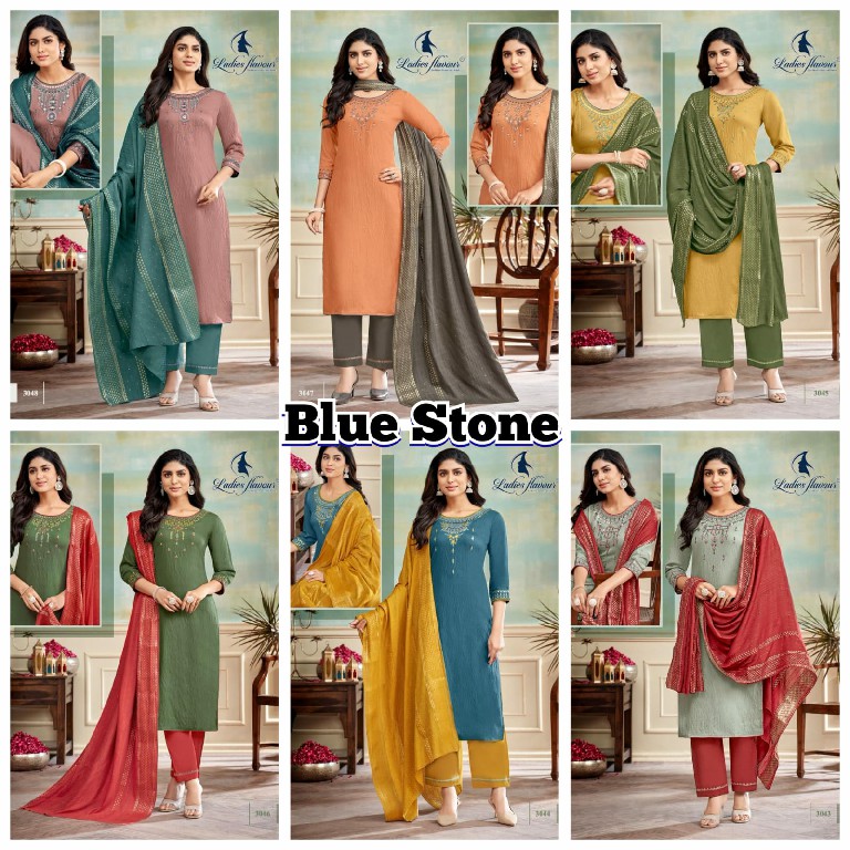 Ladies Flavours Blue Stone Wholesale Viscose Dobby With Embroidery Tops With Pant And Dupatta