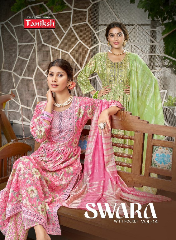 Taniksh Swara Vol-14 Wholesale Capsule Rayon Print With Work Kurtis With Pant And Dupatta