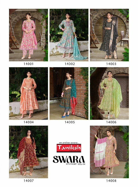 Taniksh Swara Vol-14 Wholesale Capsule Rayon Print With Work Kurtis With Pant And Dupatta