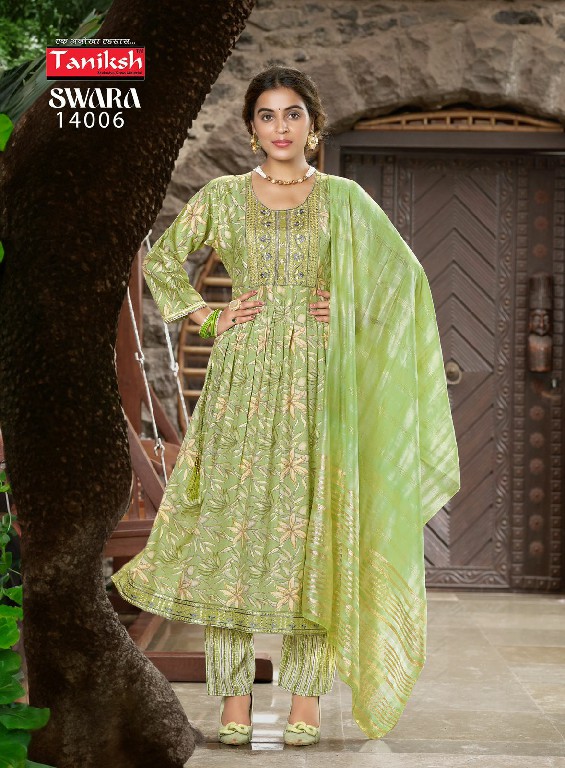 Taniksh Swara Vol-14 Wholesale Capsule Rayon Print With Work Kurtis With Pant And Dupatta