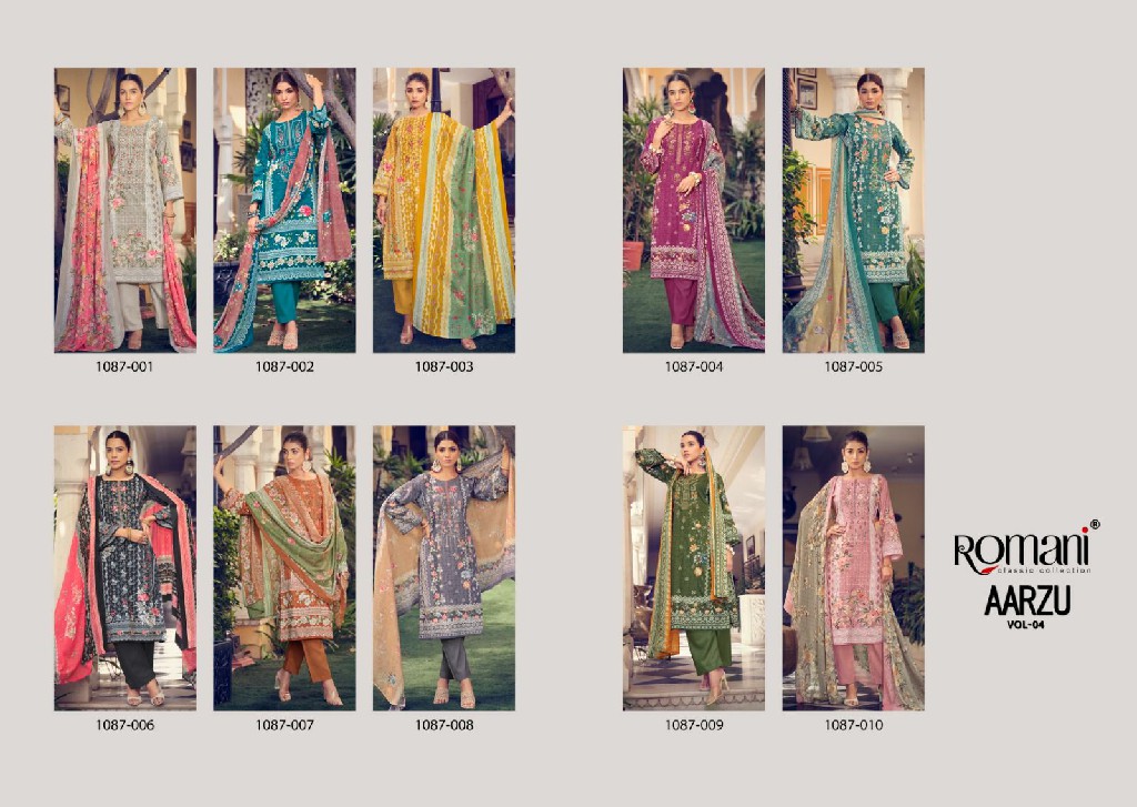 aarzu vol 4 by romani digital printed embroidery cotton suits