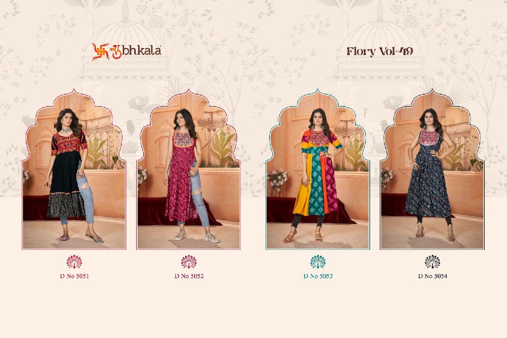 Shubhkala Flory Vol-49 Wholesale Exclusive Embroidered with Print Designer Ready to Wear Kurti Collection