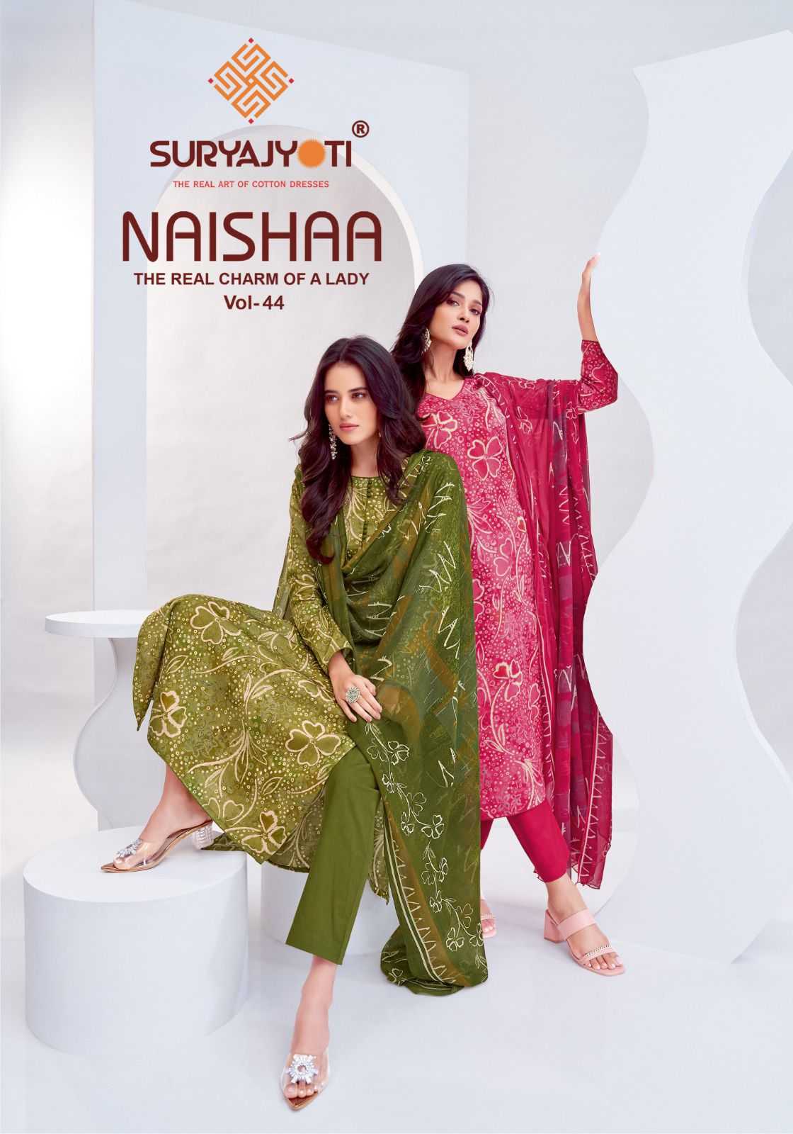 naishaa vol 44 by suryajyoti jam satin print exclusive dress material supplier