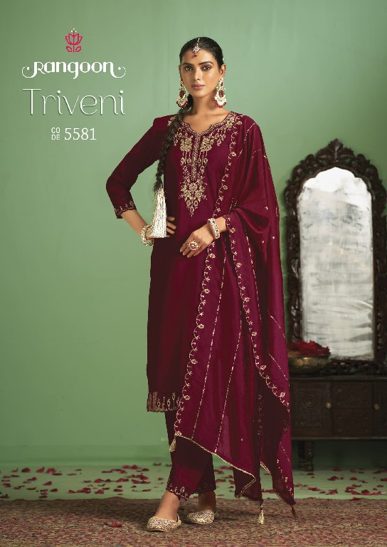 triveni by rangoon fancy embroidery silk readymade 3pcs suits