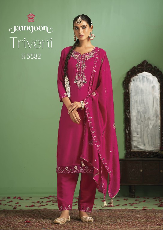 triveni by rangoon fancy embroidery silk readymade 3pcs suits