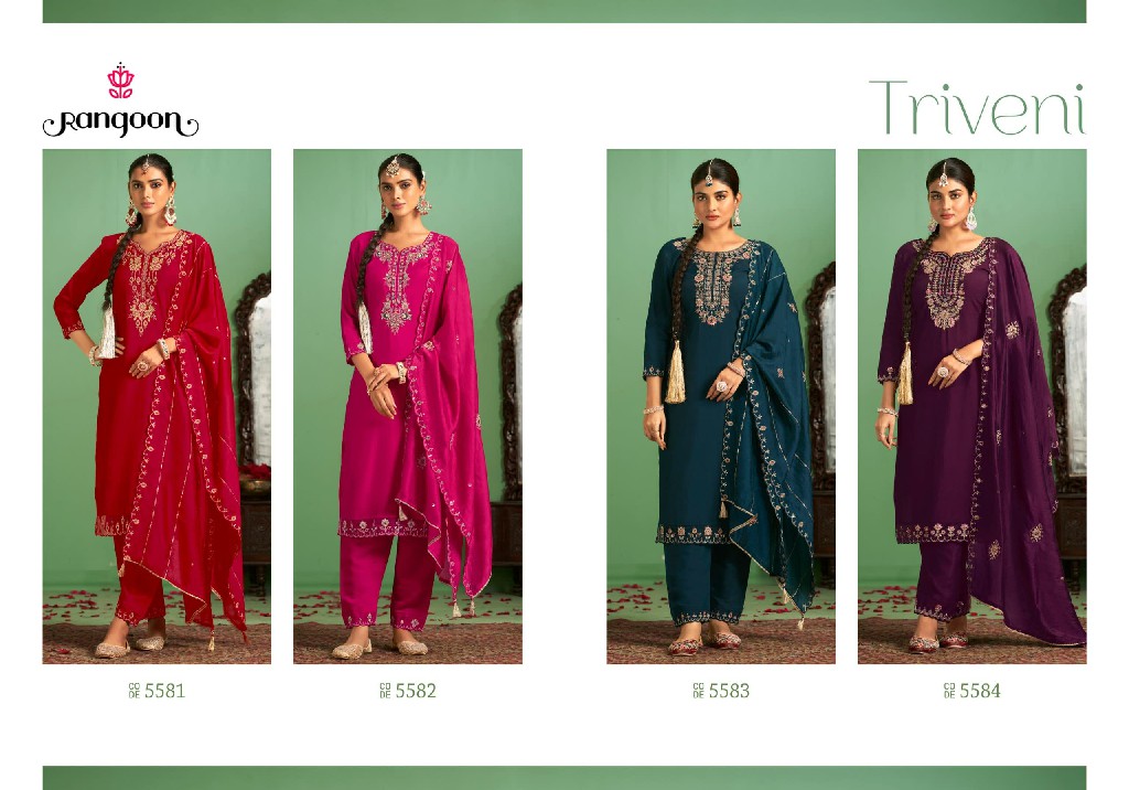 triveni by rangoon fancy embroidery silk readymade 3pcs suits