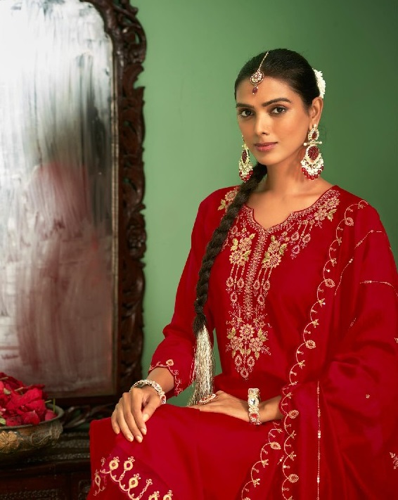 triveni by rangoon fancy embroidery silk readymade 3pcs suits