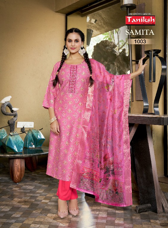 Taniksh Samita Vol-1 Wholesale Vartical Print Fabrics Tops With Pant And Dupatta