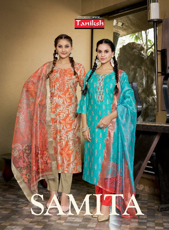 Taniksh Samita Vol-1 Wholesale Vartical Print Fabrics Tops With Pant And Dupatta