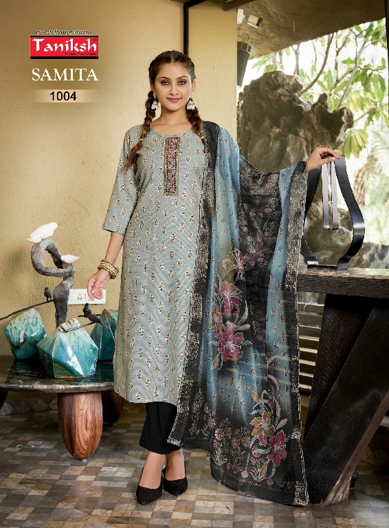 Taniksh Samita Vol-1 Wholesale Vartical Print Fabrics Tops With Pant And Dupatta