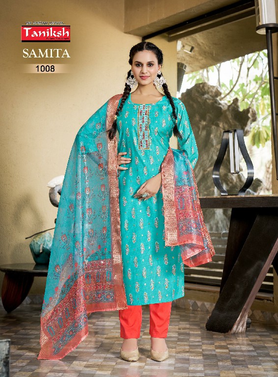 Taniksh Samita Vol-1 Wholesale Vartical Print Fabrics Tops With Pant And Dupatta