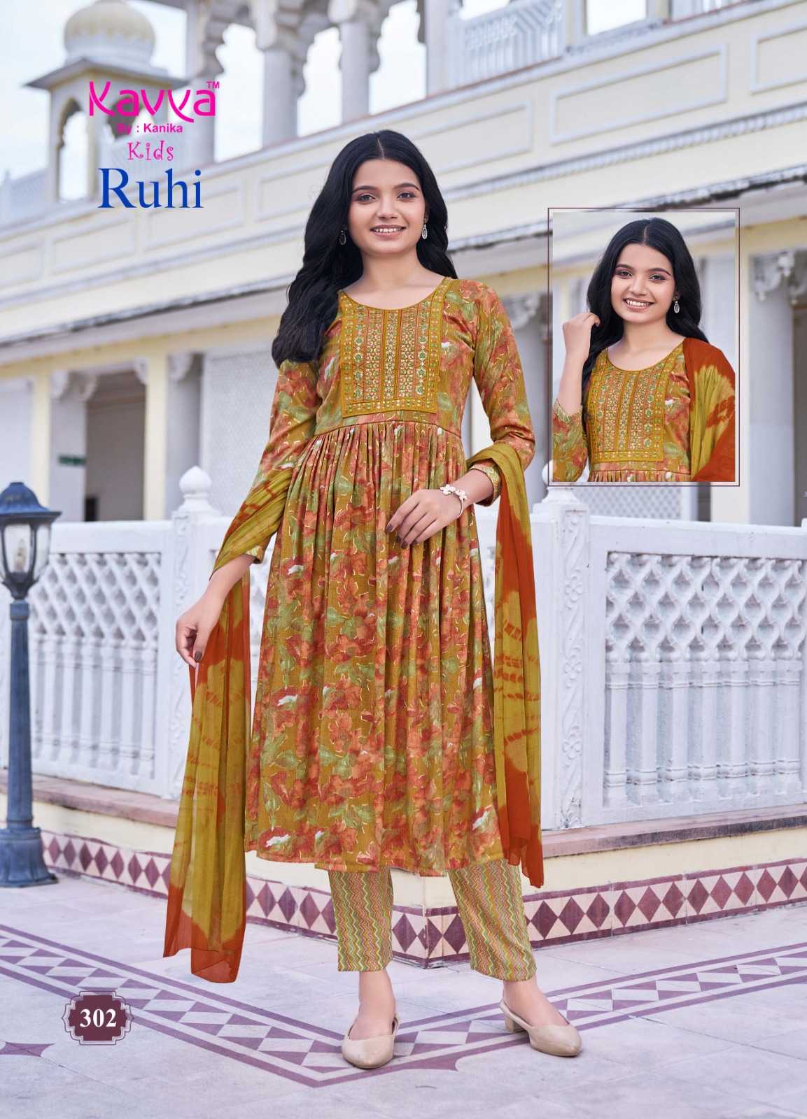 kavya ruhi vol 3 capsule foil print full stitch umbrella cut casual kids salwar kameez