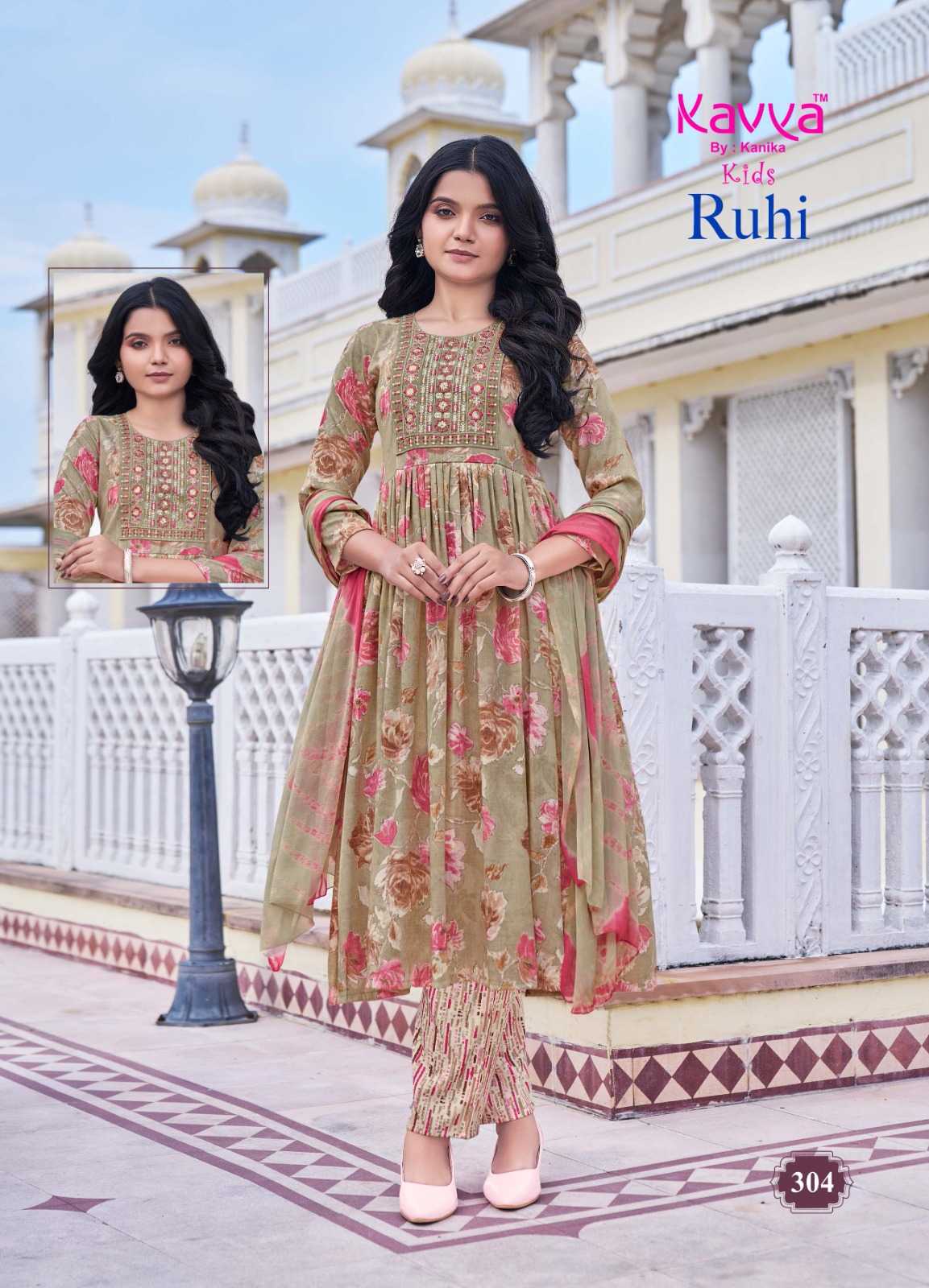 kavya ruhi vol 3 capsule foil print full stitch umbrella cut casual kids salwar kameez