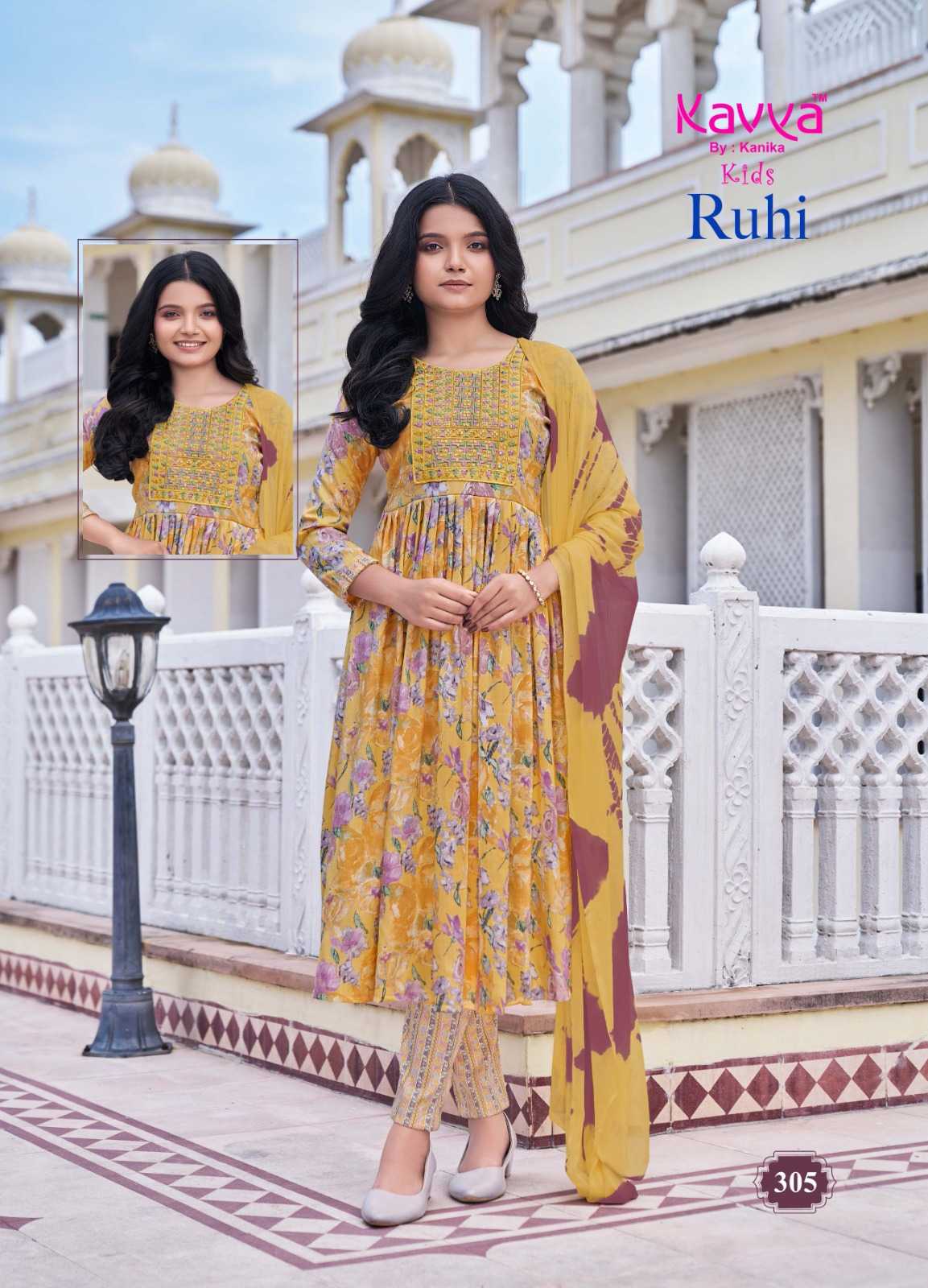 kavya ruhi vol 3 capsule foil print full stitch umbrella cut casual kids salwar kameez