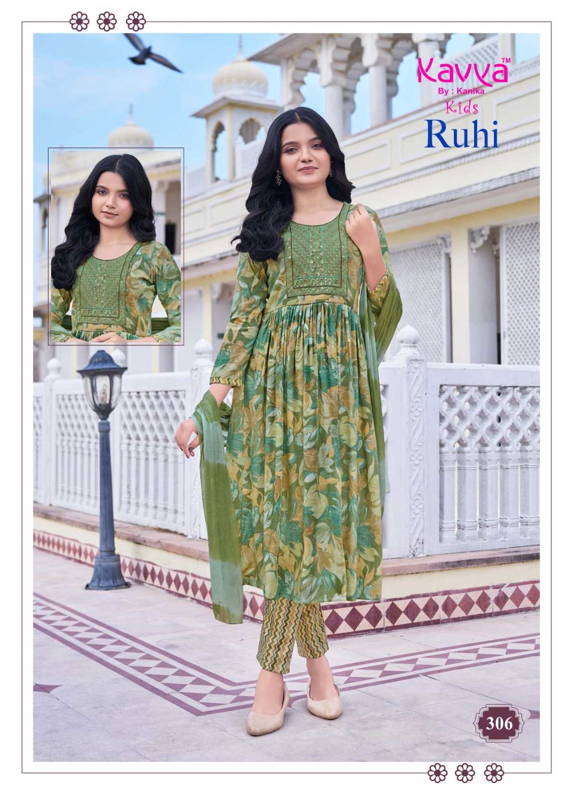 kavya ruhi vol 3 capsule foil print full stitch umbrella cut casual kids salwar kameez