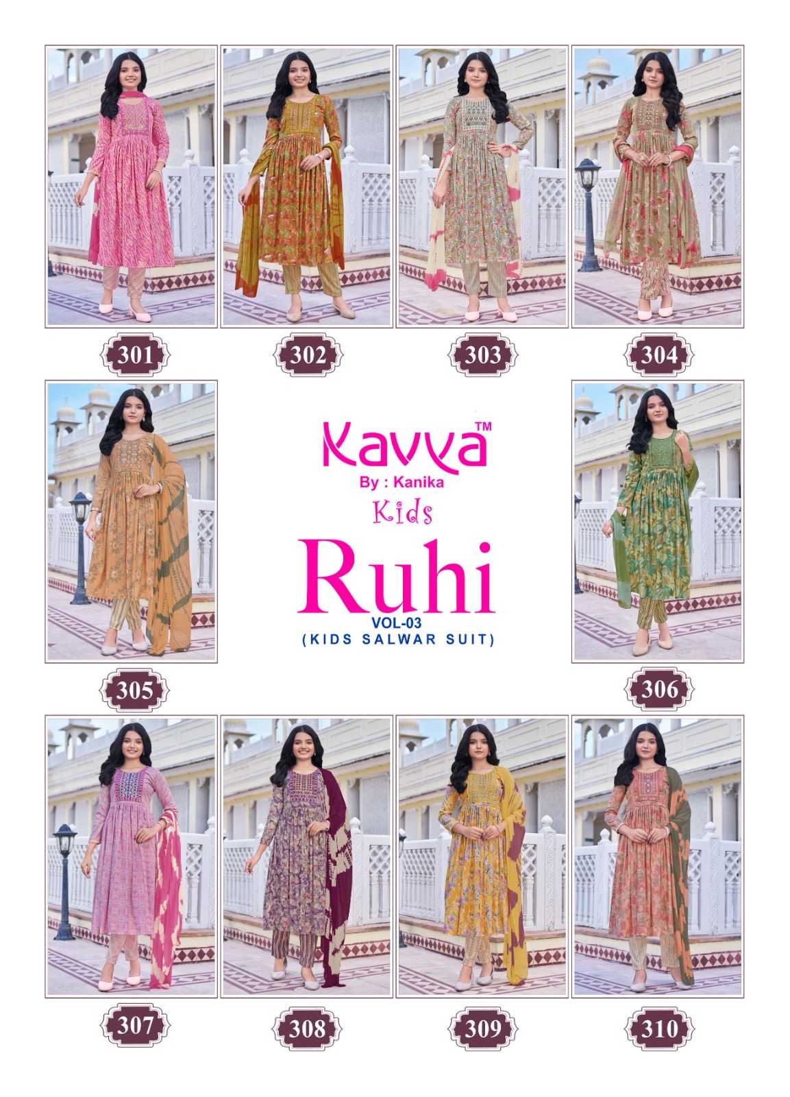 kavya ruhi vol 3 capsule foil print full stitch umbrella cut casual kids salwar kameez