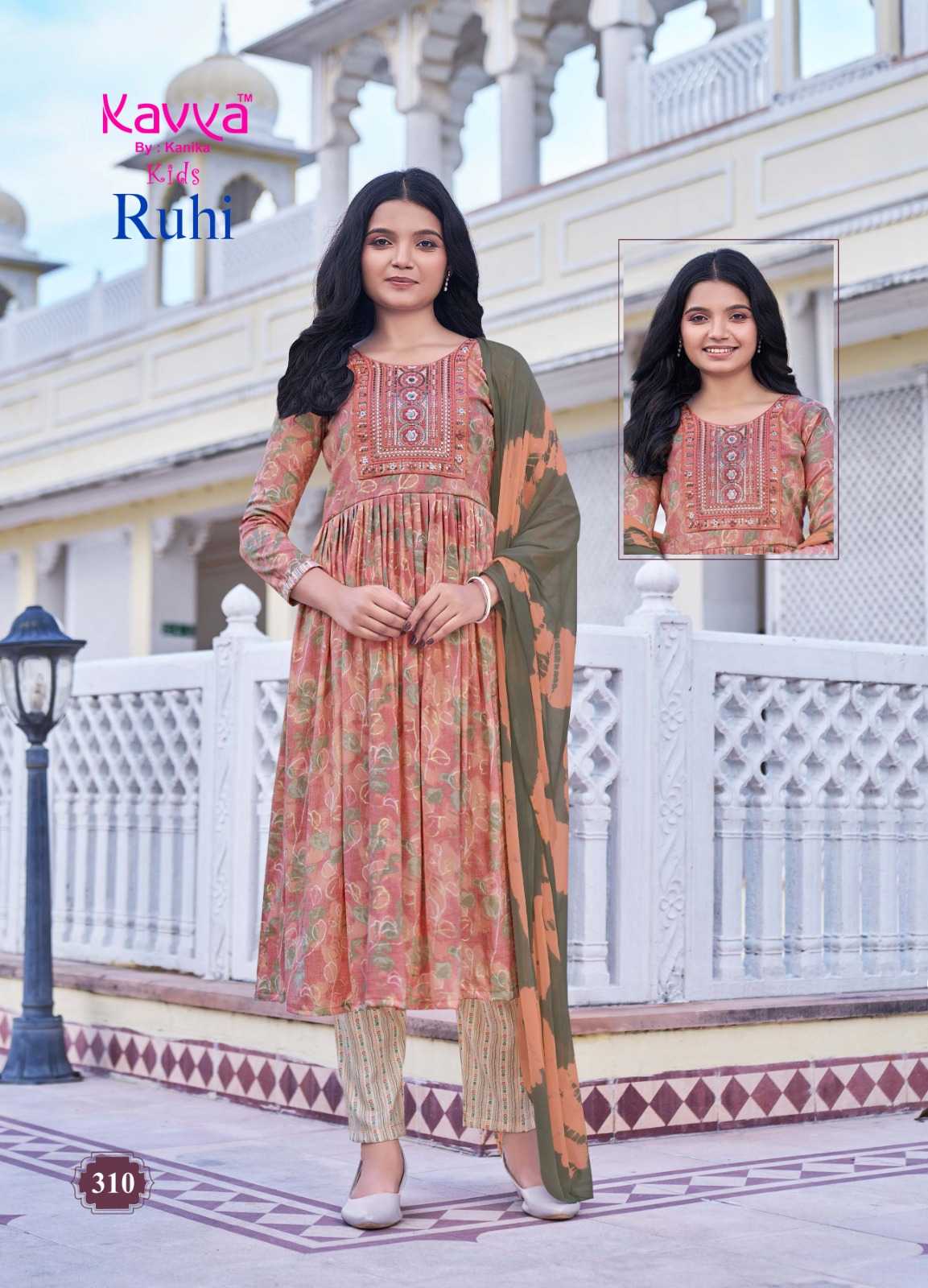 kavya ruhi vol 3 capsule foil print full stitch umbrella cut casual kids salwar kameez