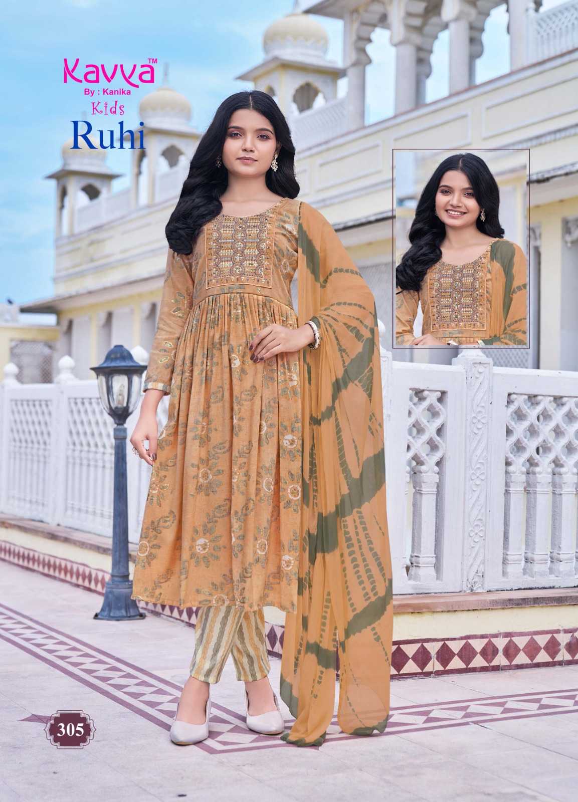 kavya ruhi vol 3 capsule foil print full stitch umbrella cut casual kids salwar kameez