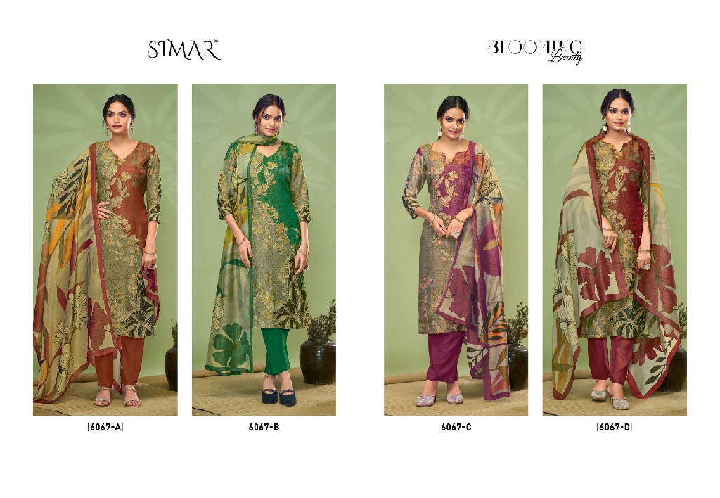 Glossy Simar Blooming Beauty 6067 Colour Wholesale Pure Silk With Handwork Salwar Suits