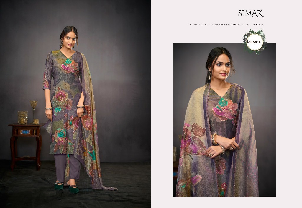 Glossy Simar Inayat 6068 Colour Wholesale Pure Silk With Handwork Salwar Suits