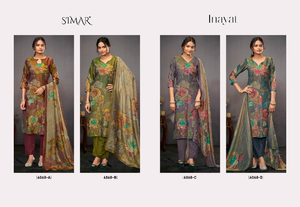 Glossy Simar Inayat 6068 Colour Wholesale Pure Silk With Handwork Salwar Suits