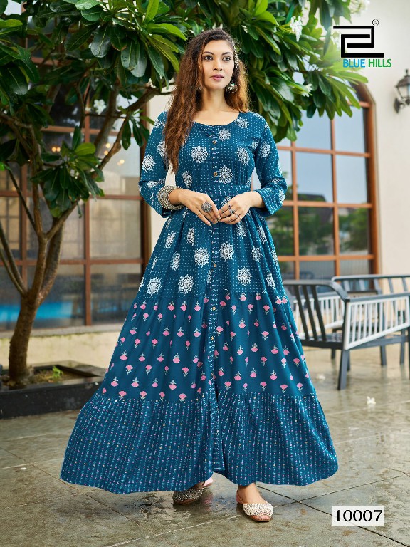 bournvilla vol 10 blue hills print rayon readymade big size frill gown