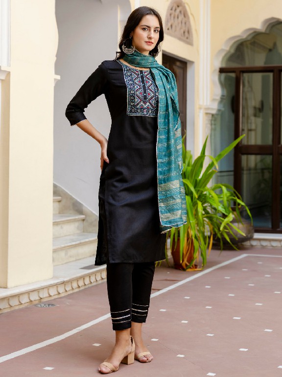 Aadhya Wholesale Cotton With Embroidery Work Kurti With Pant And Dupatta