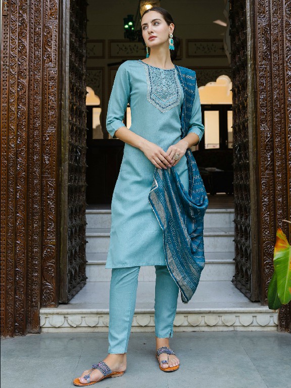 Aadhya Wholesale Cotton With Embroidery Work Kurti With Pant And Dupatta