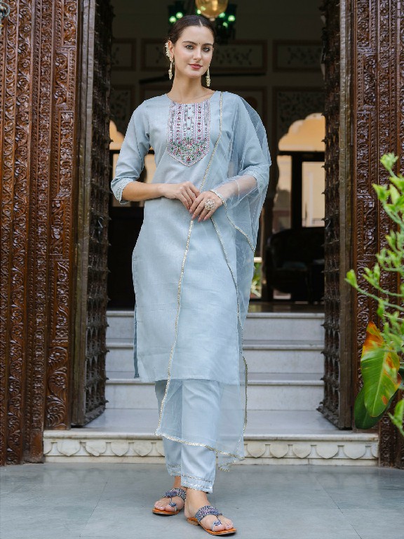 Aadhya Wholesale Cotton With Embroidery Work Kurti With Pant And Dupatta