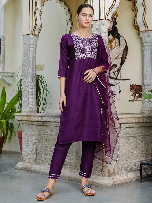 Aadhya Wholesale Cotton With Embroidery Work Kurti With Pant And Dupatta