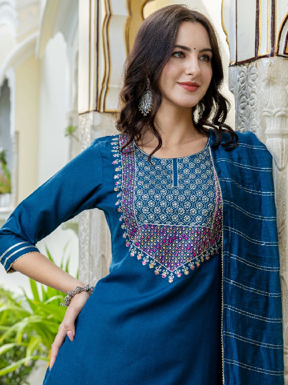 Aadhya Wholesale Cotton With Embroidery Work Kurti With Pant And Dupatta