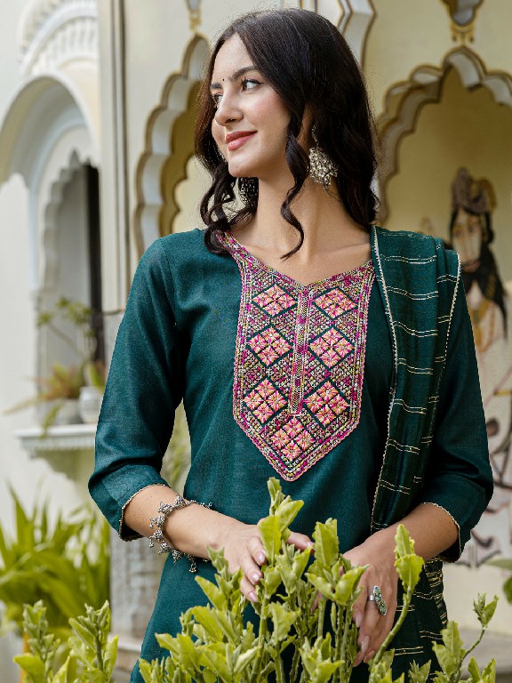 Aadhya Wholesale Cotton With Embroidery Work Kurti With Pant And Dupatta