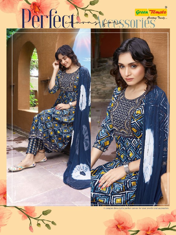 Green Tomato Kumkum Wholesale Alia Cut Kurti With Pant And Dupatta