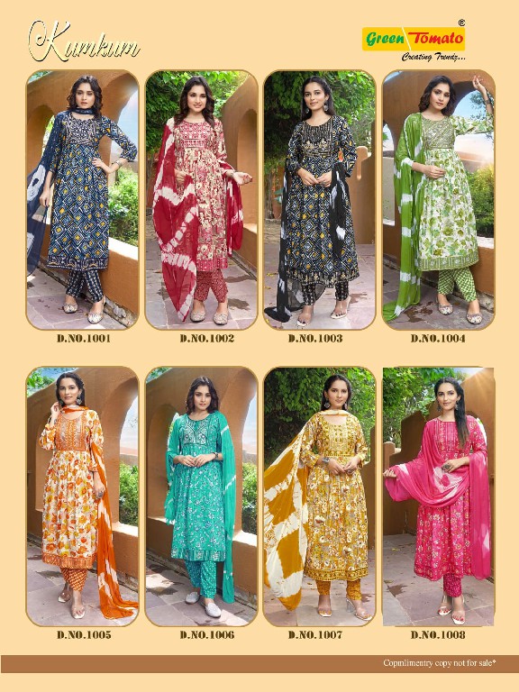 Green Tomato Kumkum Wholesale Alia Cut Kurti With Pant And Dupatta