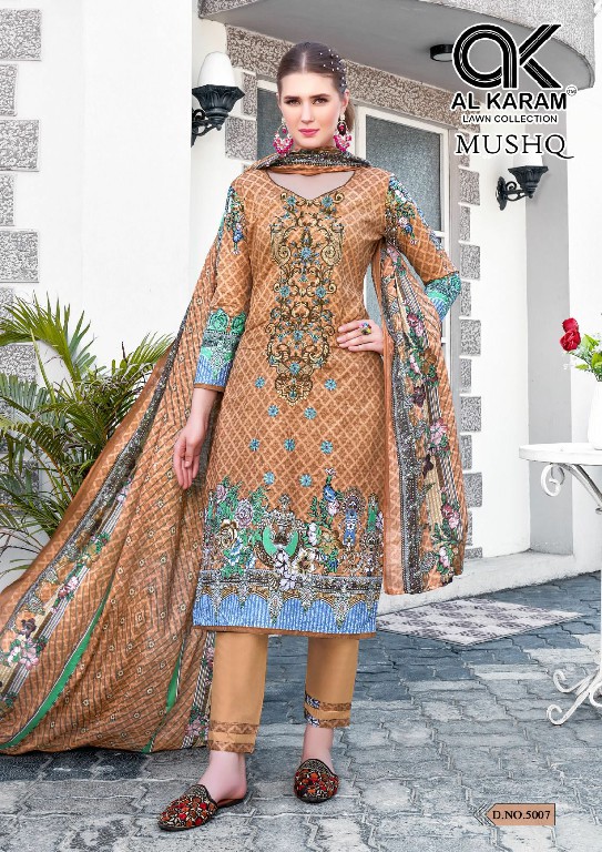 Al Karam Mushq Vol-5 Print Self Embroidery Cotton Dupatta Dress Material