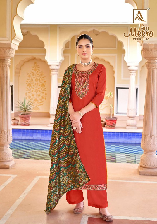 Alok Meera Vol-13 Wholesale Pure Zam Cotton Dyed And Swaroski Work Dress Material