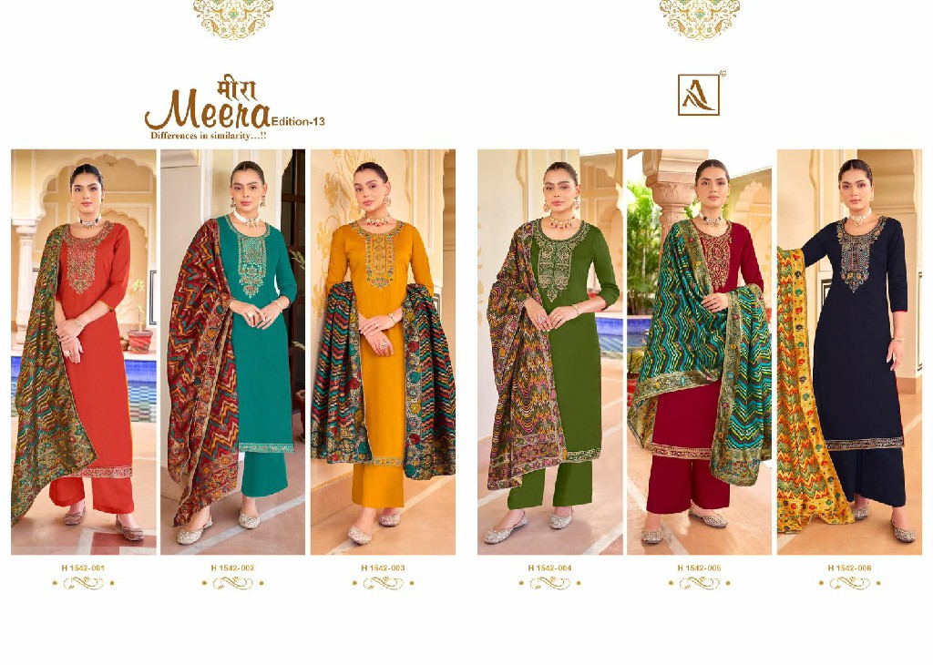 Alok Meera Vol-13 Wholesale Pure Zam Cotton Dyed And Swaroski Work Dress Material