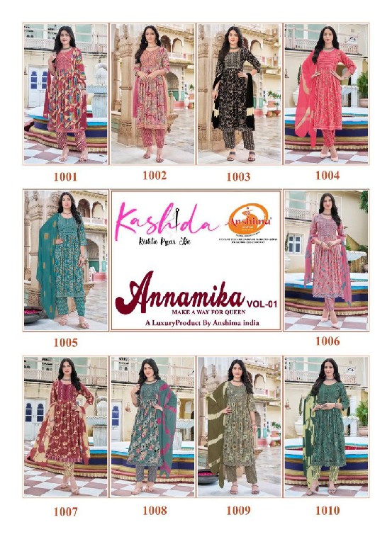 Kashida Annamika Vol-1 Wholesale Nayra Kurti Pant And Shiburi Dupatta