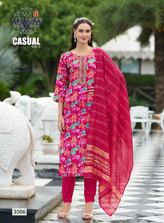 CASUAL VOL 3 BY RADHIKA LIFESTYLE CASUAL WEAR RAYON PRINT READYMADE 3PCS DRESS