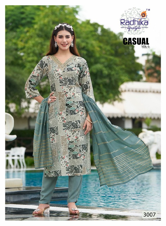 CASUAL VOL 3 BY RADHIKA LIFESTYLE CASUAL WEAR RAYON PRINT READYMADE 3PCS DRESS